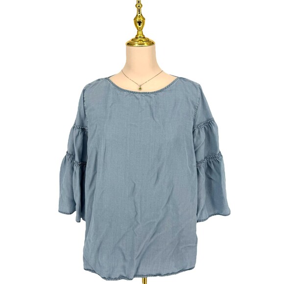 J. Jill Denim Blue Chambray Tiered Ruffle Bell Sleeve Blouse Top XLP Beachy READ - Picture 2 of 16